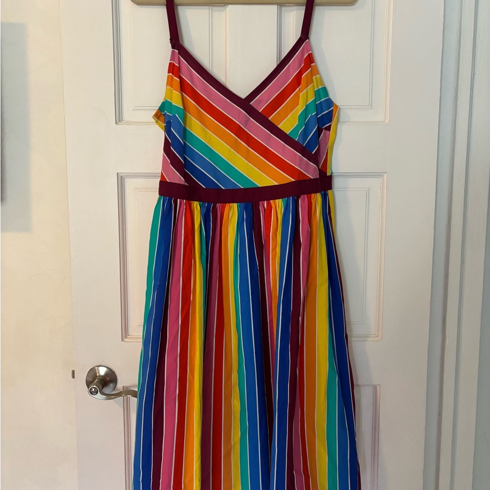 Modcloth Harkel New Rainbow Stripe Midi Dress with Burgundy Trim Organic